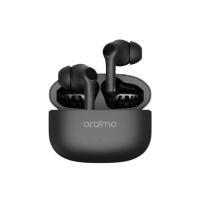 White Oraimo FreePods 3 OEB-E104D true wireless earbuds placed next to their charging case.