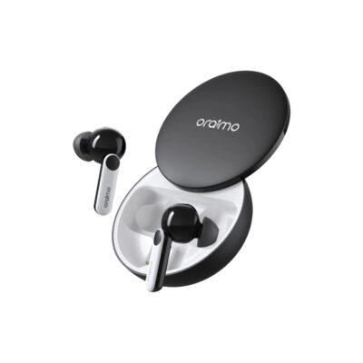 Black Oraimo FreePods 4 active noise canceling true wireless earbuds inside an open charging case.