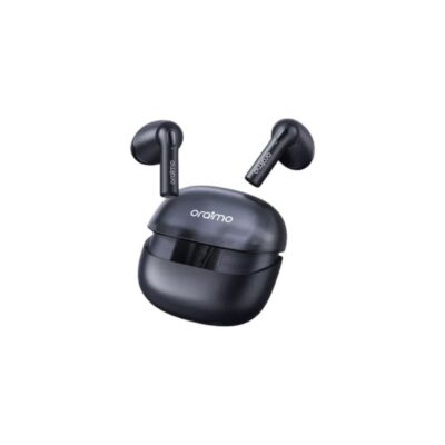 White Oraimo Riff 2 OEB-E04D half-in-ear true wireless earbuds sitting inside their open compact charging case.