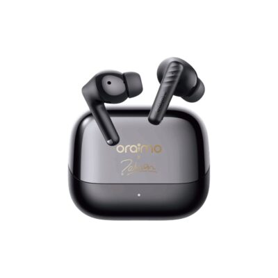 Metallic Oraimo SpaceBuds Neo Plus OTW-323P TWS earbuds inside an open charging case.