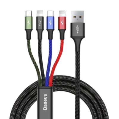 Premium Baseus 4-in-1 fast charging cable with USB input split into dual Type-C, Lightning, and Micro-USB output ports.
