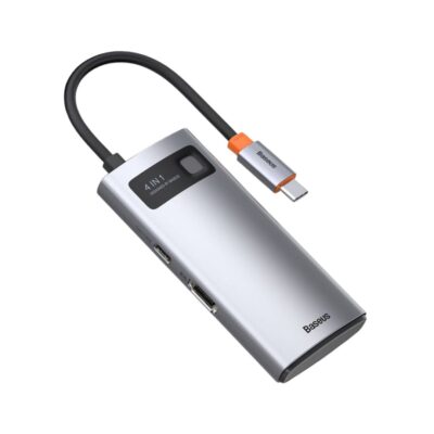 Premium Baseus 4-in-1 Type-C to USB 3.0 HUB multi-port adapter extension with aluminum alloy casing and integrated connection cable.