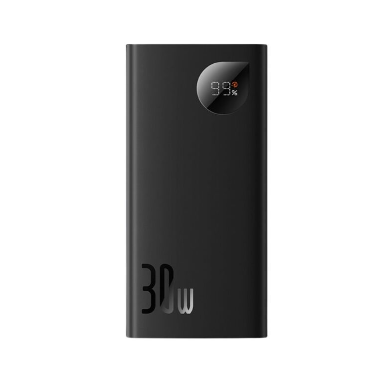 Premium Baseus Adaman 2 10000mAh power bank showcasing the durable aluminum shell, circular digital display screen, and triple output interface layout.