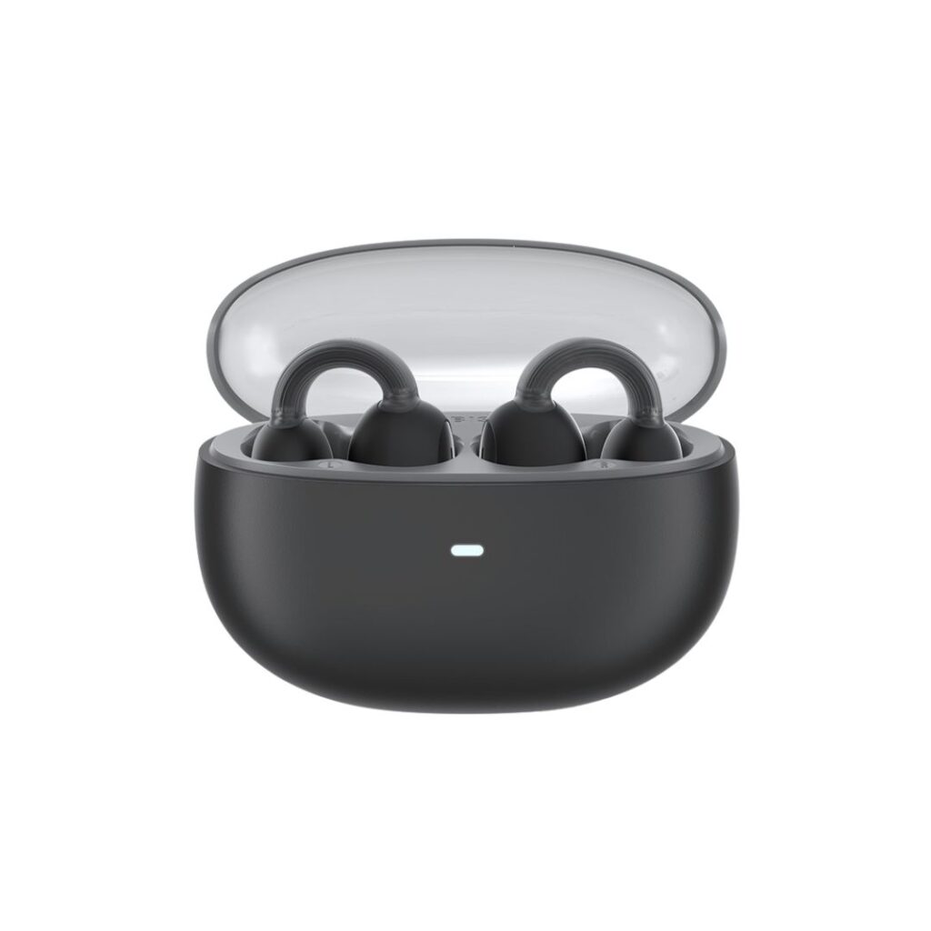 Premium Baseus AirGo 1 Ring open-ear TWS earbuds with a flexible dual-layer clip design and a compact geometric charging case.