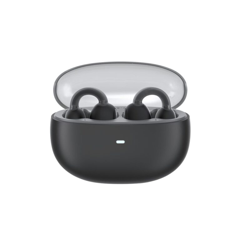 Premium Baseus AirGo 1 Ring open-ear TWS earbuds with a flexible dual-layer clip design and a compact geometric charging case.