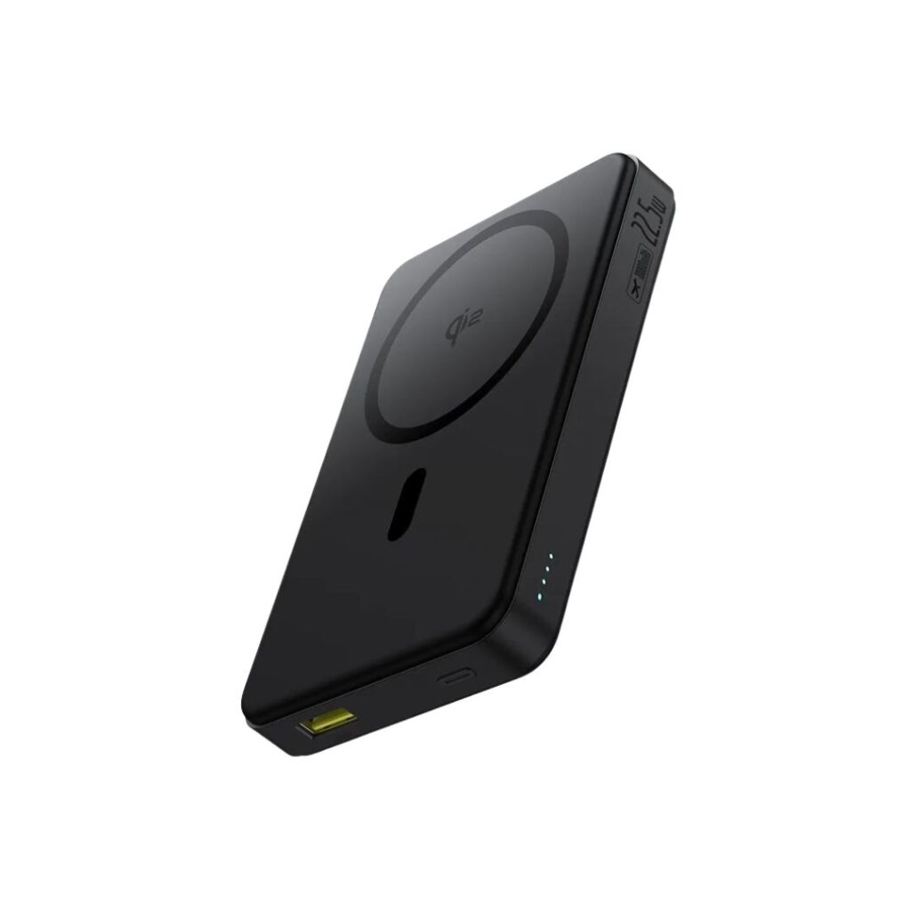Premium Baseus Airpow 2 Qi2 magnetic power bank showcasing the ultra-compact pocket-friendly housing, integrated charging cable loop, and alignment ring.