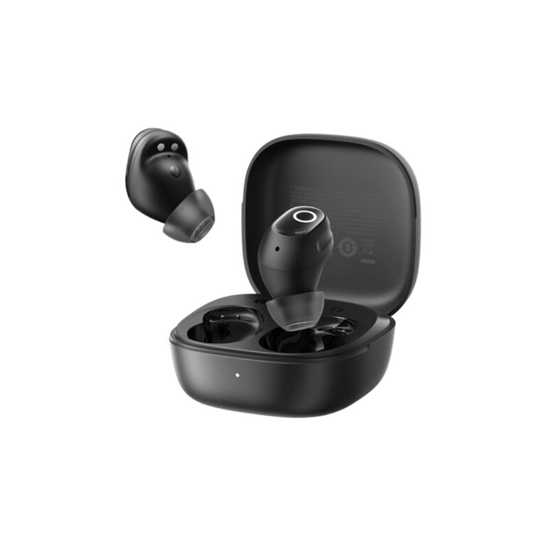 Official Baseus Bass BD1 bean-shaped true wireless TWS Bluetooth earbuds resting inside their compact charging case.