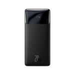 Official Baseus Bipow 2 20000mAh power bank featuring the laser-textured anti-slip finish, clear LED battery percentage screen, and an attached Type-C cable.