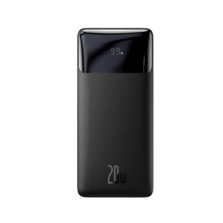 Premium Baseus Bipow 10000mAh power bank showcasing the textured scratch-resistant chassis finish, top mirror digital LED screen, and multi-port charging layout.