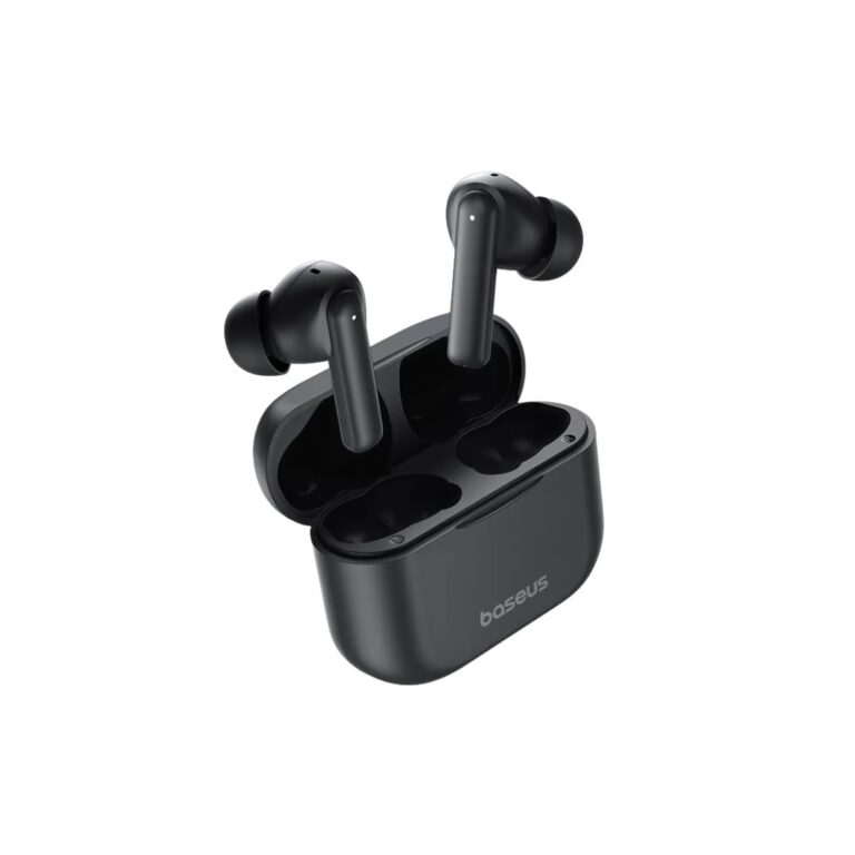 Official Baseus Bowie E17 TWS earbuds showing the compact charging case, ergonomic ear tip design, and dual-microphone system.