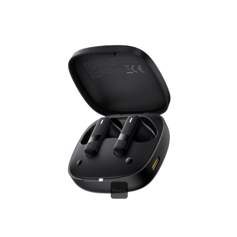 Official Baseus Bowie E20 true wireless TWS earbuds inside their compact charging case with integrated multi-mic status metrics.