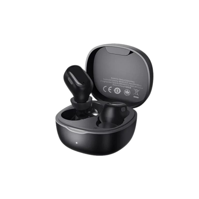 Premium Baseus Bowie WM01 TWS earbuds featuring the ultra-small bean-shaped in-ear housings and an ultra-compact portable charging pod.