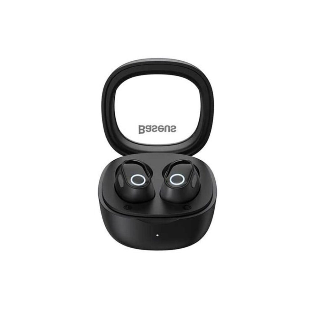 Official Baseus Bowie WM02 true wireless TWS Bluetooth earbuds sitting inside their futuristic capsule-like charging case with transparent lid.