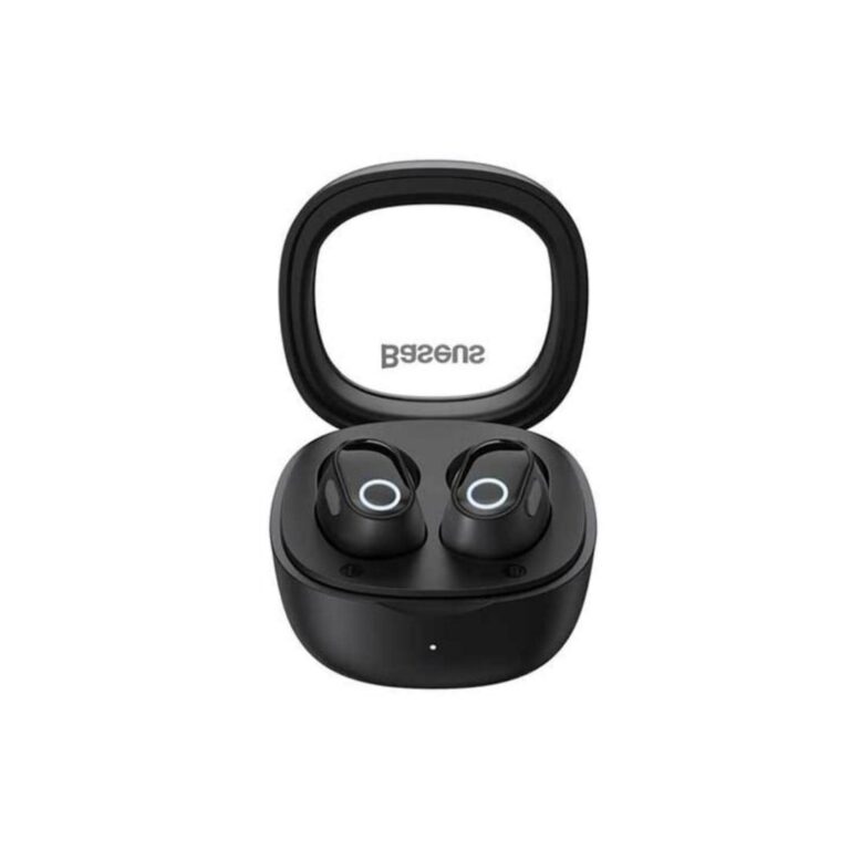 Official Baseus Bowie WM02 true wireless TWS Bluetooth earbuds sitting inside their futuristic capsule-like charging case with transparent lid.