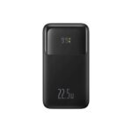 Premium Baseus Comet Series 20000mAh power bank featuring a futuristic transparent shell design, real-time digital display matrix, and dual built-in charging cables.