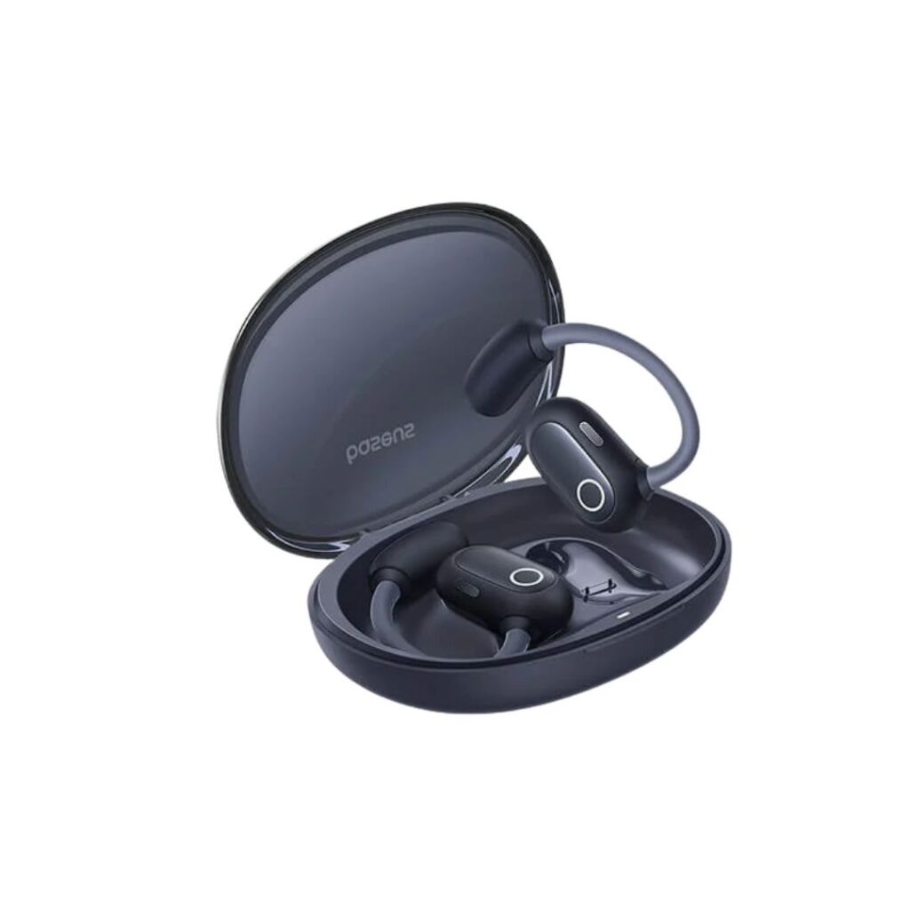 Premium Baseus Eli Sport 1 open-ear air-conduction wireless bluetooth earbuds with flexible memory wire ear hooks and charging case.