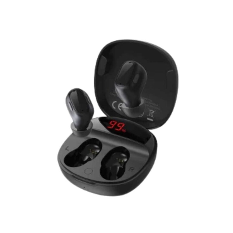 Premium Baseus Encok WM01 Plus TWS earbuds displaying the integrated LED smart digital power screen on the compact charging pod case.