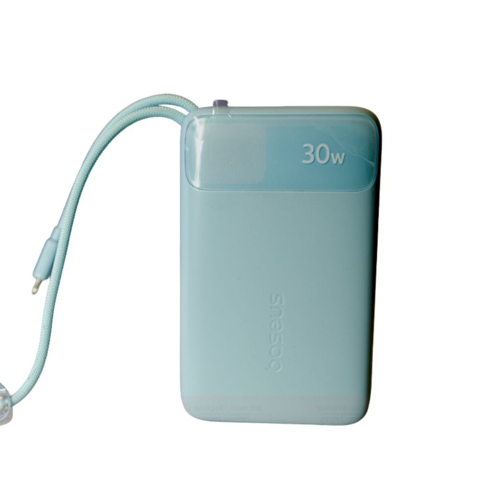 Premium Baseus Enerfill FC11 20000mAh 30W power bank highlighting its dual integrated cables, digital LED battery readout, and portable casing layout.