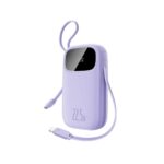 Premium Baseus EnerFill FC31 20000mAh power bank showing the dual built-in charging cables, integrated digital LED screen, and textured anti-slip casing.