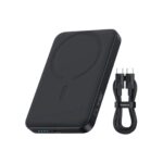 Premium Baseus Enerfill FM11 magnetic power bank showing the ultra-slim housing profile, wireless induction pad, and USB-C port alignment.