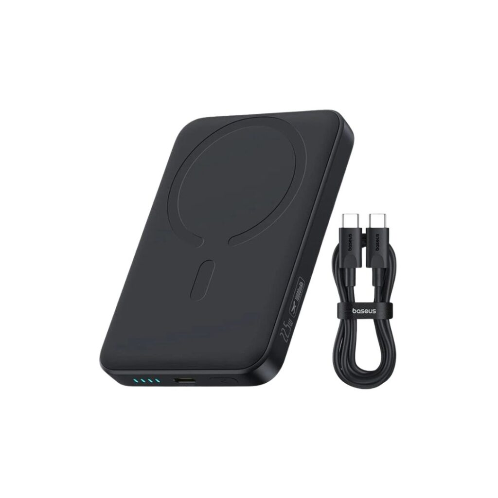 Premium Baseus Enerfill FM11 magnetic power bank showing the integrated Type-C cable loop, slim chassis design, and MagSafe-compatible charging surface.