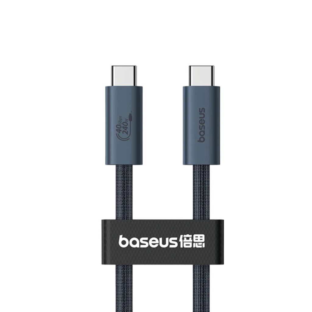Premium Baseus Flash Series 2 USB4 cable featuring robust zinc alloy connector shells, dense nylon braided outer shielding, and a 1-meter length.