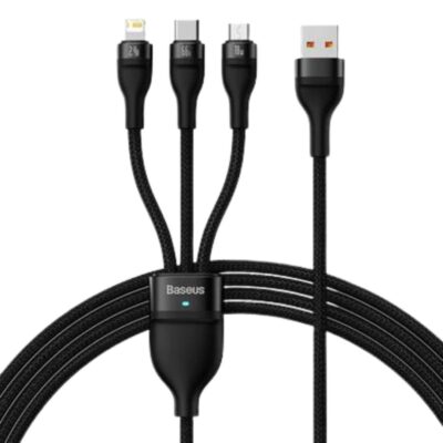 Premium Baseus Flash Series II Multi-Port Multi-Device 3-in-1 fast charging data cable with dynamic power distribution indicator light rings.