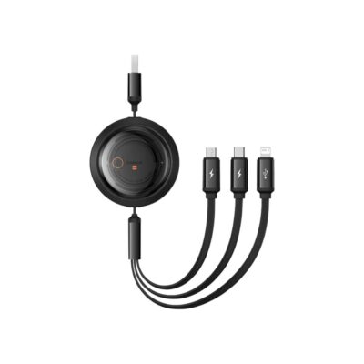 Premium Baseus Free2Draw Crystal Retractable 3-in-1 fast charging cable inside its compact protective wheel storage housing with extended multi-device connectors.