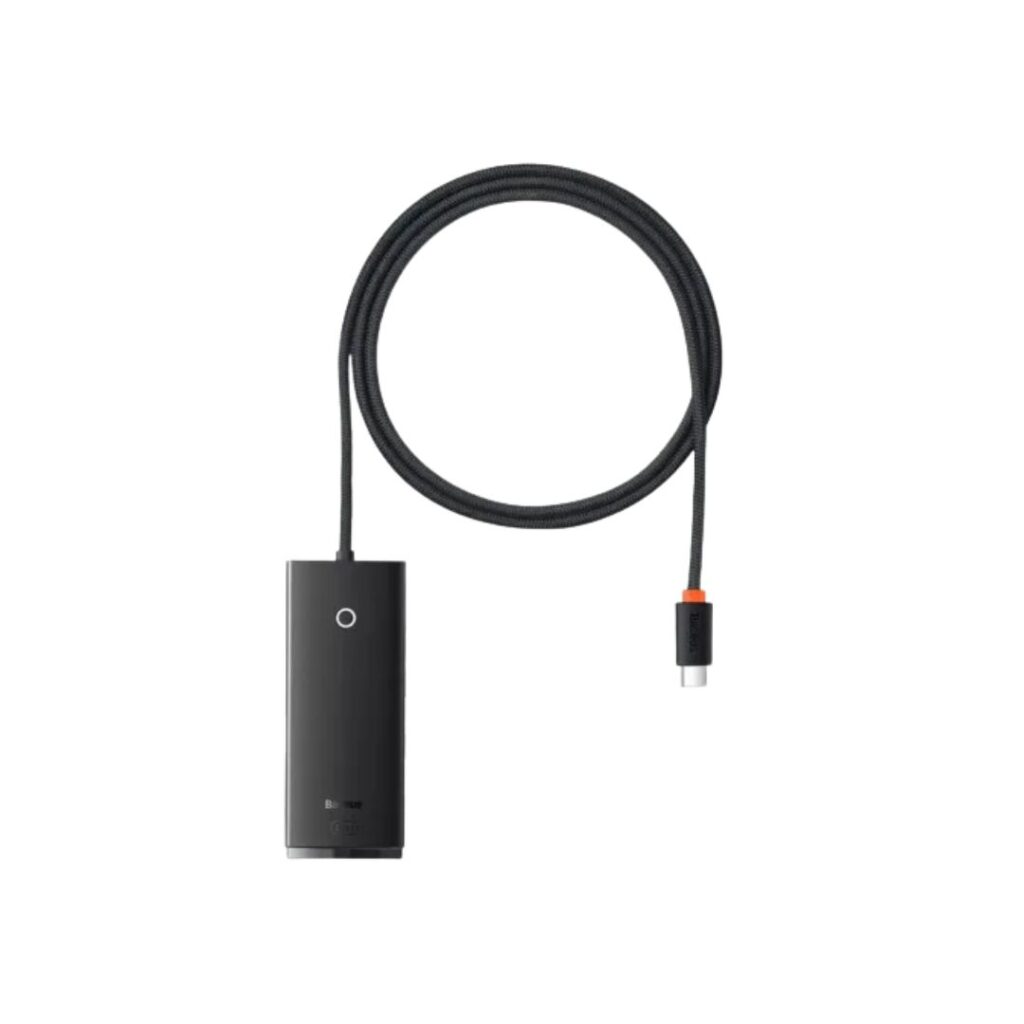 Premium Baseus Lite Series 4-Port Type-C to USB 3.0 HUB adapter extension with ABS body and soft white LED indicator light.