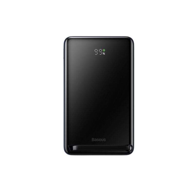Premium Baseus 10000mAh magnetic power bank highlighting the integrated fold-out kickstand bracket, wireless induction pad, and dedicated USB-C interface.