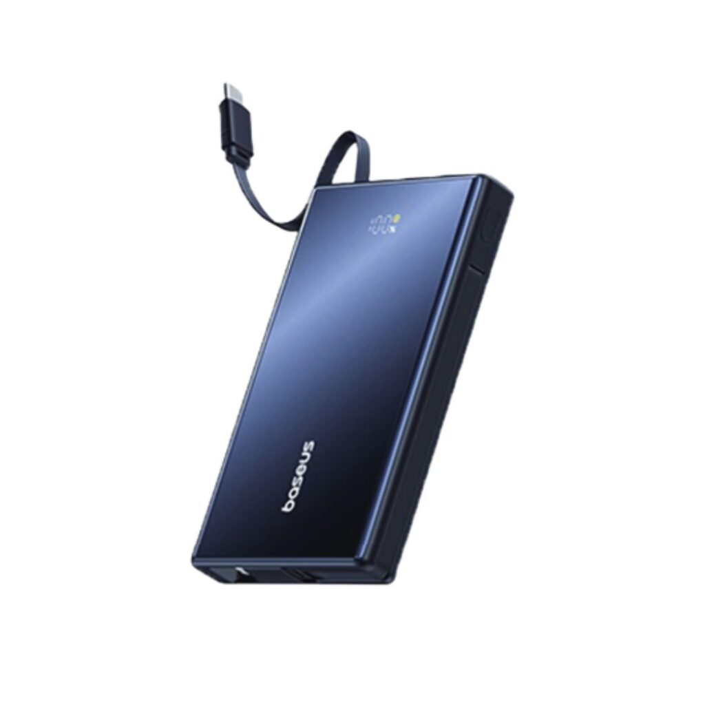 Premium Baseus PicoGo 20000mAh power bank highlighting the ultra-compact housing architecture, real-time digital display, and dual integrated charging cables.
