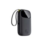 Premium Baseus QPow 3 EnerFill FC31 20000mAh power bank showcasing dual integrated cables, real-time LCD battery readout, and portable lanyard enclosure layout.