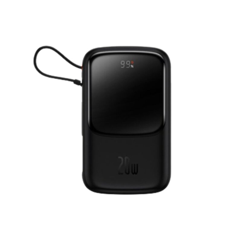 Premium Baseus Qpow Digital Display 20000mAh 20W Power Delivery power bank with integrated Lightning cable and status display.