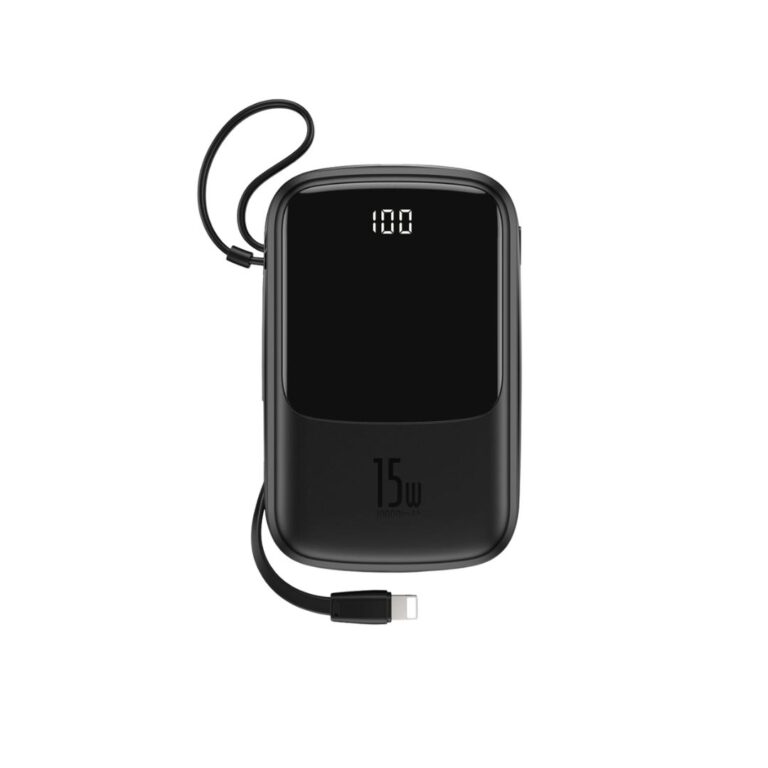 Premium Baseus Qpow Digital Display 10000mAh 15W power bank with built-in charging cables and LED status screen.