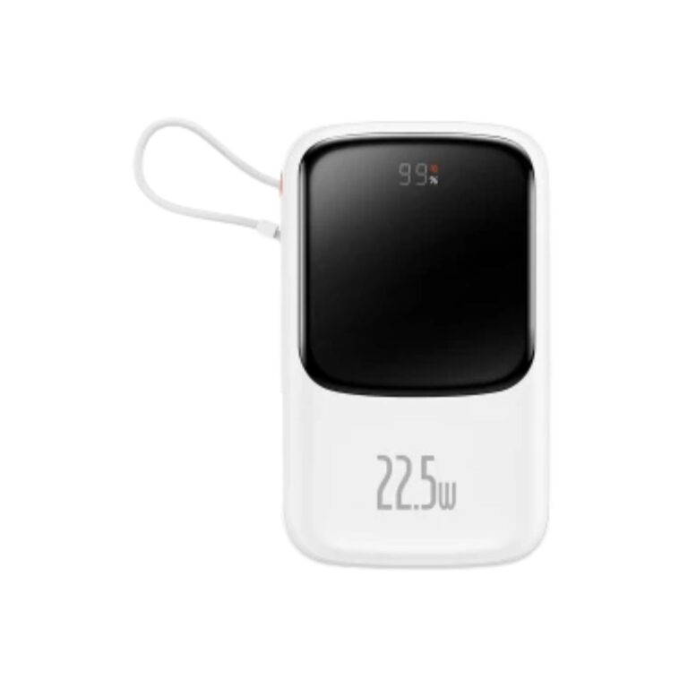 Premium Baseus Qpow Pro 10000mAh power bank showcasing the integrated Type-C charging cable loop, mirror digital display, and multi-port interface configuration.