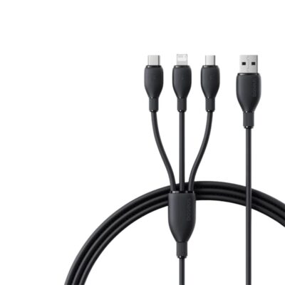 Premium Baseus Silky One-for-Three 3-in-1 fast charging cable with USB-A input split into Micro-USB, Lightning, and Type-C connectors.