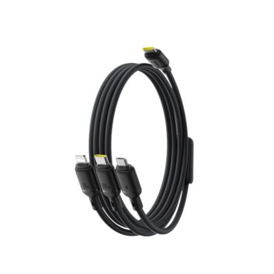 Premium Baseus Silky One-for-Three 3-in-1 fast charging cable with Type-C input split into Micro-USB, Lightning, and Type-C connectors.