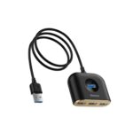 Premium Baseus Square Round 4-in-1 USB 3.0 to USB 2.0 HUB splitter adapter with high-speed input and warm white status indicator glow.