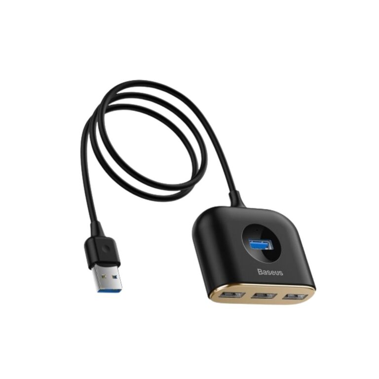 Premium Baseus Square Round 4-in-1 USB 3.0 to USB 2.0 HUB splitter adapter with high-speed input and warm white status indicator glow.