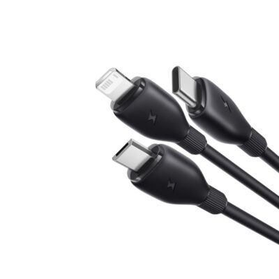 Premium Baseus StarSpeed Short 3-in-1 fast charging cable with durable braided nylon housing and multi-device splitter.