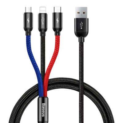 Premium Baseus Three Primary Colors 3-in-1 fast charging cable with USB input and split Micro-USB, Lightning, and Type-C connectors.