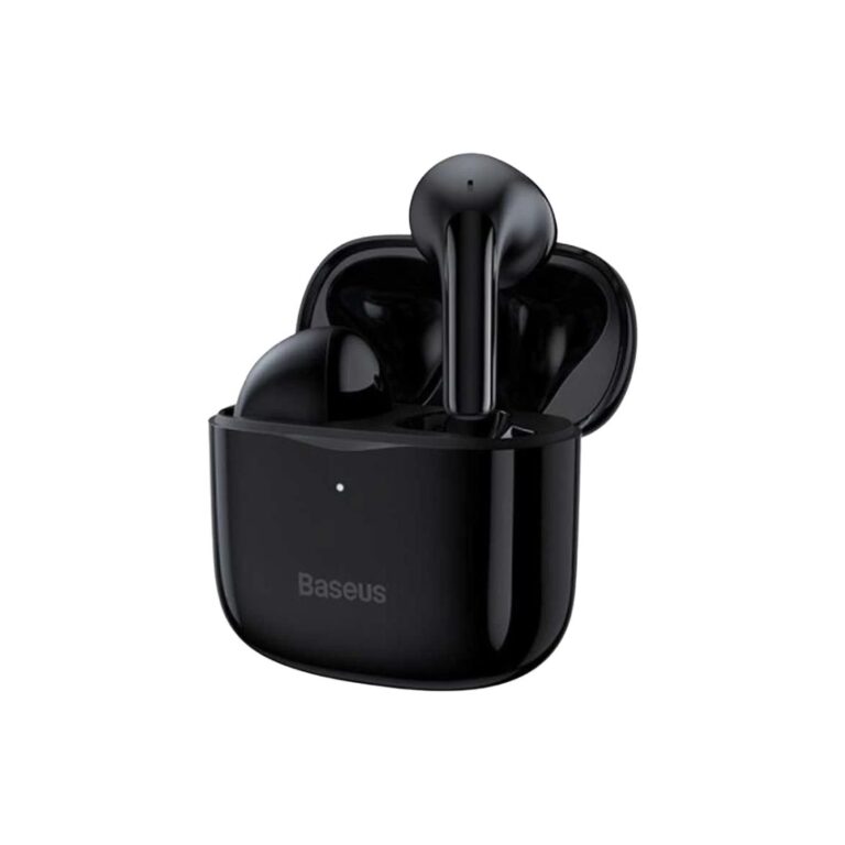 Premium Baseus Bowie E3 TWS earbuds showing the sleek charging case, comfortable half-in-ear pods, and integrated Type-C port layout.