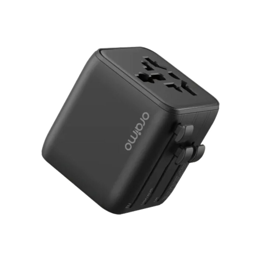 Official Oraimo global travel universal charging adapter with multi-country plug sliders and USB ports.