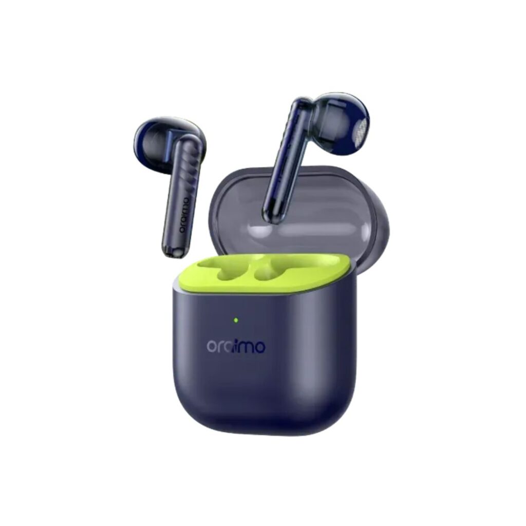 Official Oraimo FreePods Neo OTW-330S half-in-ear true wireless TWS earbuds inside their compact charging case.