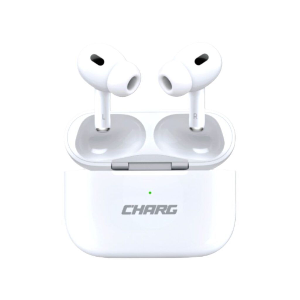 CHARG CL16 true wireless earbuds in white featuring bluetooth connectivity and compact charging case.