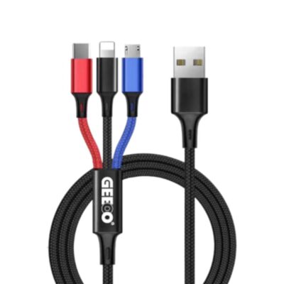 Official GEEOO DC303 super fast 3-in-1 charging cable with Type-C, Lightning, and Micro-USB connectors.