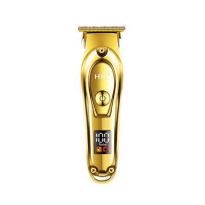 Golden HTC AT-176 professional rechargeable cordless hair clipper and beard trimmer for men featuring a vintage all-metal body and an LED digital power display