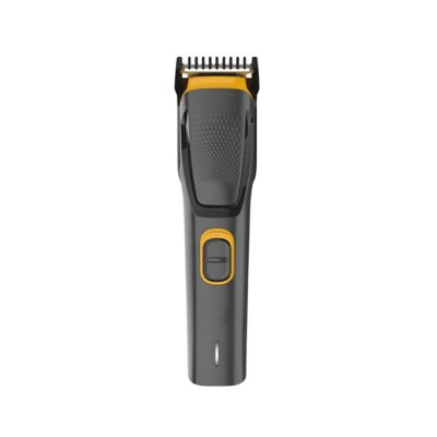 Red and black HTC AT-509 rechargeable cordless men's beard trimmer and hair clipper with high-precision stainless steel blades