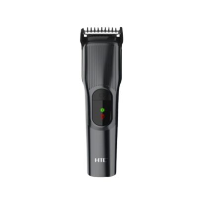 Black HTC AT-519 professional rechargeable hair and beard trimmer for men with a titanium-coated T-blade steel knife head and an LCD smart display