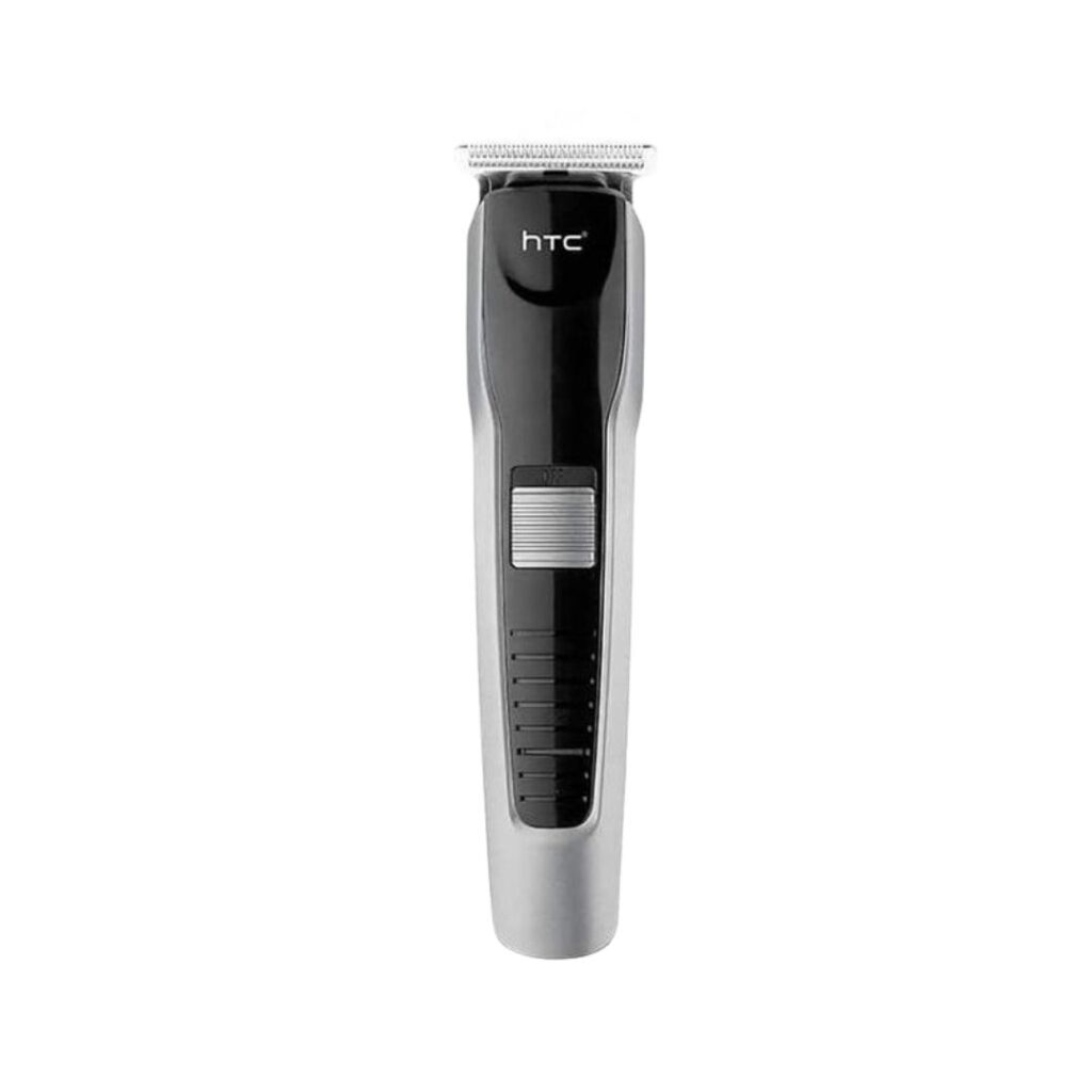 Silver and black HTC AT-538 rechargeable hair clipper and cordless beard trimmer for men with a self-sharpening stainless steel blade